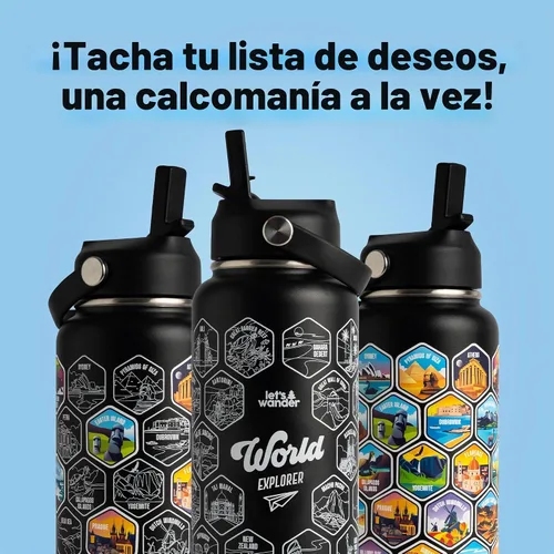 Vista 3 de LET'S WANDER - Botella de agua para aventureros del mundo con 50 pegatinas impermeables - 32 onzas, botella de acero inoxidable aislada y a prueba