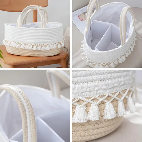 Vista 3 de Organizador de pañales para bebé, cesta de almacenamiento de cuerda con borlas, bolsa de almacenamiento portátil para niñas y niños, contenedor