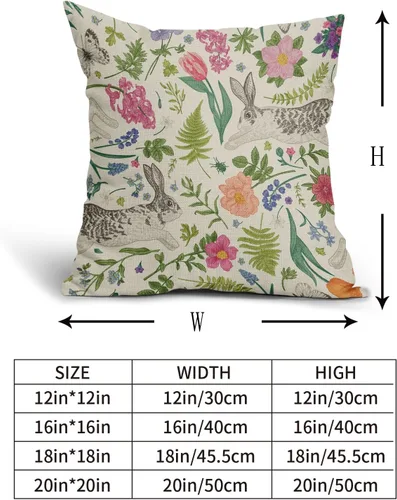 Vista 5 de Juego de 2 fundas de almohada de primavera de 16 x 16 pulgadas, diseño de conejo, flores rosas, hojas verdes salvia, plantas botánicas vintage