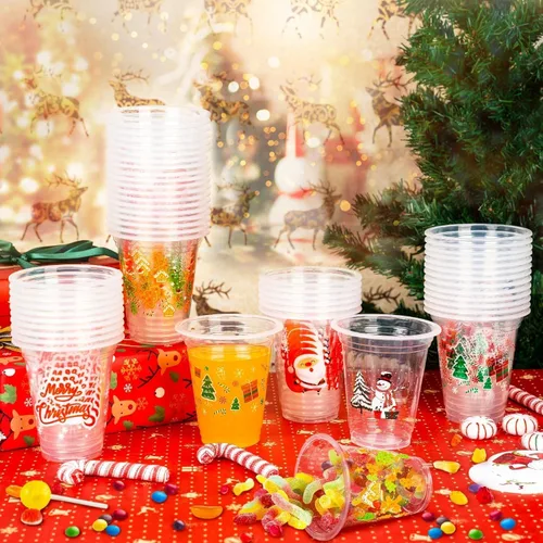 Vista 2 de GuassLee Vasos desechables de Navidad, paquete de 50 vasos de plástico desechables transparentes de 12 onzas con 5 estilos de patrones para niños
