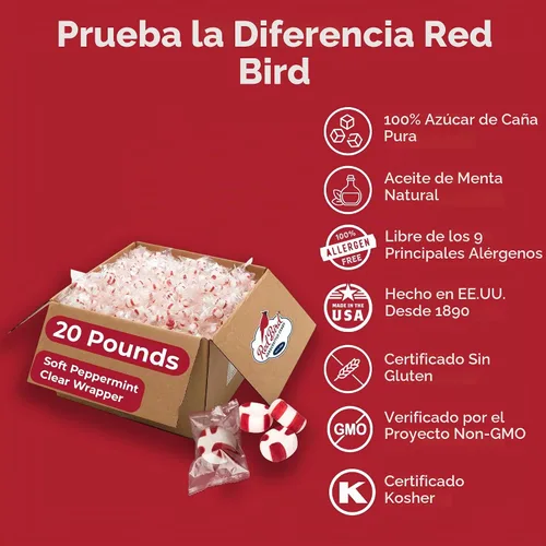 Vista 3 de Red Bird Soft Peppermint Puffs - Estuche a granel, 20 libras de mentas envueltas individualmente en envoltura transparente (rayas rojas visibles)
