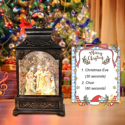 Vista 4 de Farol musical de Navidad con diseño de globo de nieve – Natividad escena de agua globo de nieve brillante portátil colgante de mesa linterna