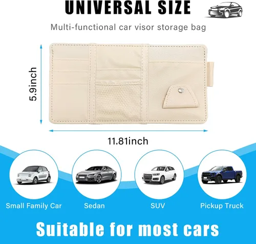 Vista 2 de Augeny Organizador de visera solar para automóvil, bolsa de almacenamiento de pertenencias personales de cuero con cremallera, bolsa