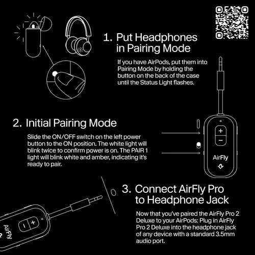 Vista 6 de AirFly Pro 2 Deluxe - Adaptador Bluetooth para avión, conecta 2 AirPods o auriculares inalámbricos - Transmisor/receptor Bluetooth AUX de 3.5mm