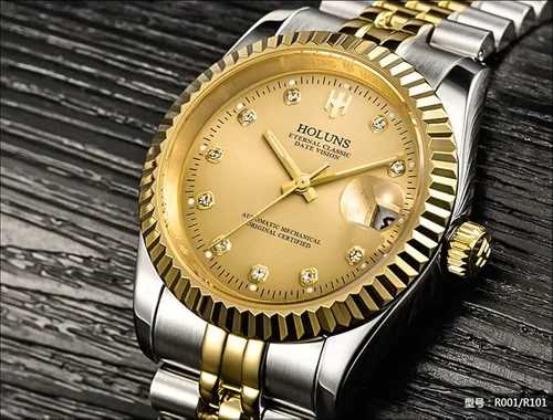 Vista 7 de LOREO Mens Full Gold Watch Automatic Mechanical Gilded Steel Self-Wind Sapphire Glass Dress Waterproof Watch