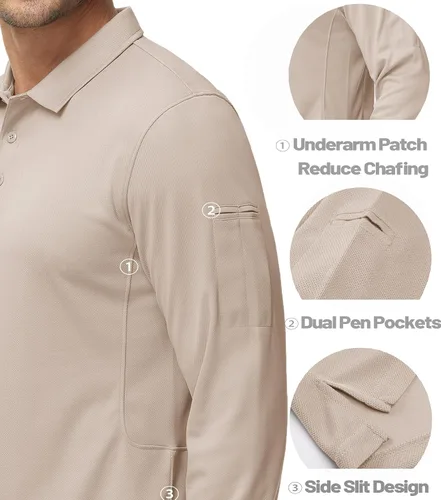 Vista 4 de MAGCOMSEN Camisas polo para hombre, 3 botones, secado rápido, manga larga, tácticas, camisa de golf