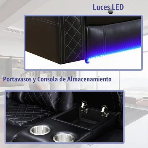 Vista 3 de Juego de sofás reclinables eléctricos, juegos de muebles de sala de estar, sofá reclinable eléctrico moderno negro, sofá biplaza y silla
