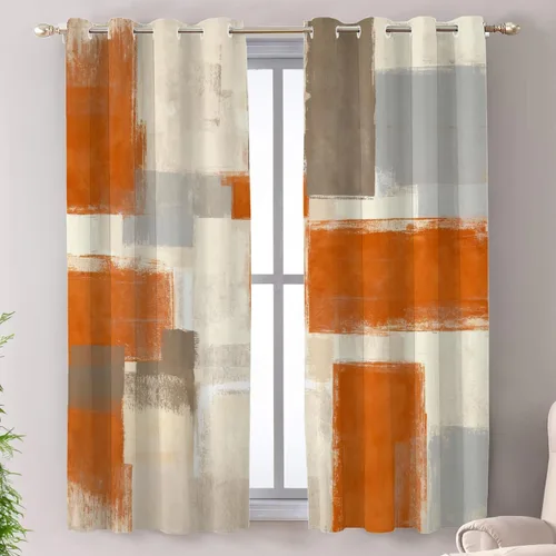 Vista 28 de Shrahala Beige and Orange Abstract Art Brushstrokes Blackout Curtain Tiers, Abstract Oil Paint Kitchen Valance Light Blocking Tier Drapes with Rod