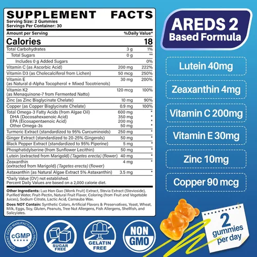 Vista 2 de Suplemento de luteína y zeaxantina, gomitas para la salud ocular, fórmula basada en AREDS2, Omega-3, zinc, enfoque cerebral y aprendizaje, apoyo