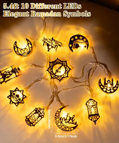 Vista 3 de Luces de Ramadán Eid Mubarak, decoraciones de Ramadán para el hogar, 10 luces LED Eid Mubarak, guirnalda de luces de luna y estrella, linterna Eid