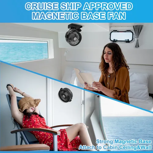 Vista 3 de Ventilador de crucero magnético de 6 pulgadas con batería recargable de 12000 mAh, control de 3 velocidades, luz LED, temporizador, clip y salida