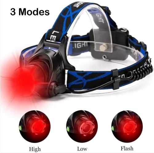 Vista 3 de Linterna frontal recargable de 80000 lúmenes, luz roja para caza, súper brillante, linterna LED para cabeza con luz roja, zoom, impermeable, 3