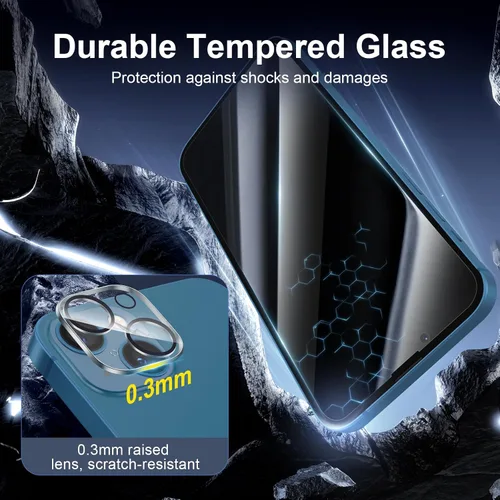 Vista 6 de NEW'C 3x Protector de privacidad para pantalla de iPhone 13 (15,49 cm) + 3x Protector de lente de cámara, protección del sensor, película de vidrio
