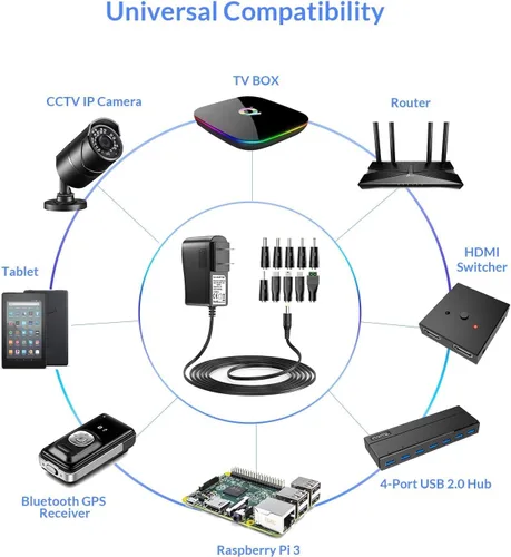 Vista 4 de Nextbook Adaptador de cargador para tableta 5V 3A 2A 2.5A 1A AC DC adaptador con 9 puntas para Amazon Fire USB Hub TV Box LED Pixel Cámara Altavoz