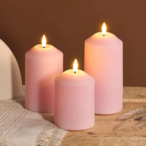 Vista 8 de Juego de 3 velas de pilar sin llama color rosa con control remoto, velas LED de cera real que funcionan