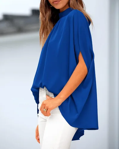 Vista 16 de BTFBM Blusas de verano para mujer, cuello alto falso, manga murciélago, holgadas, dobladillo alto y bajo, blusas informales de gran