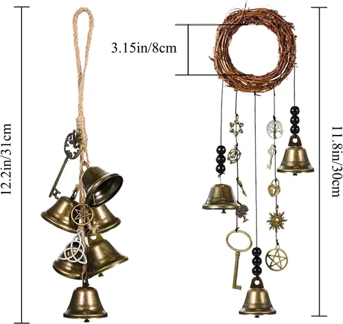 Vista 2 de Campanas de bruja para perilla de puerta para protección, kit de 2 carillones de viento de bruja, corona colgante hecha a mano, decoración Wiccan