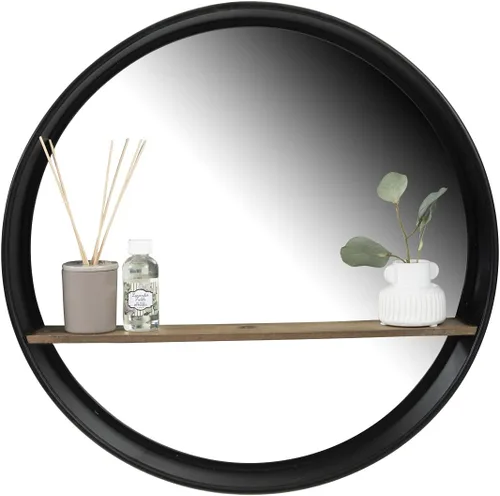 Vista 8 de Creative Co-Op Espejo de pared redondo con marco de metal con estante de madera, negro y natural, 24 pulgadas
