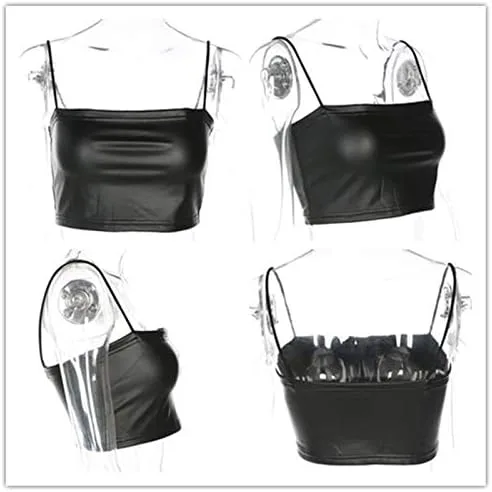 Vista 3 de LXXIASHI Casual Mujeres Negro PU Cuero Camisola Femme Bralette Bodycon Crop Top Señoras Streetwear Halter Verano