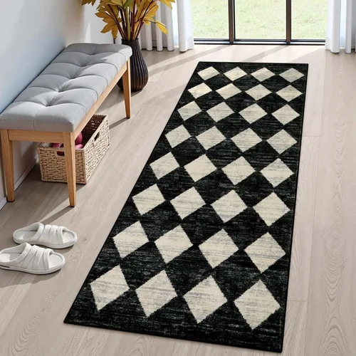 Vista 17 de Lahome - Tapete con diseño de entramado marroquí, a cuadros, pequeño, suave y antideslizante, moderno, resistente a las manchas, para puerta Negro