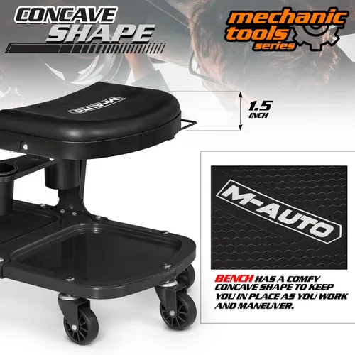 Vista 5 de M-AUTO Asiento de rodillo para garaje, taburete de taller mecánico resistente con bandeja para herramientas y estante para equipos, asiento