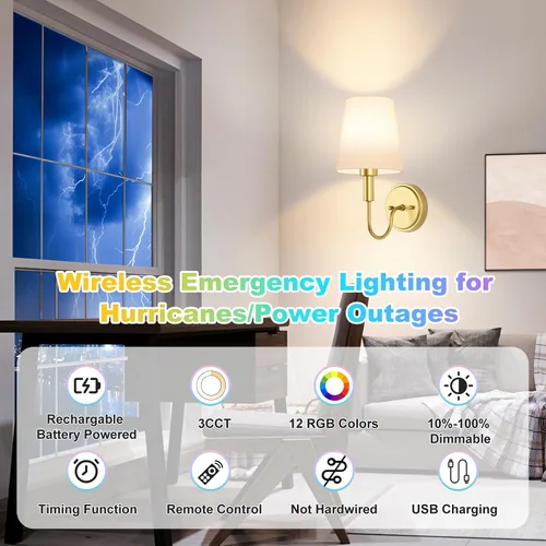 Vista 2 de Aplique de pared inalámbrico recargable, funciona con pilas, con control remoto, lámparas de pared con bombillas LED RGB regulables, sin cableado