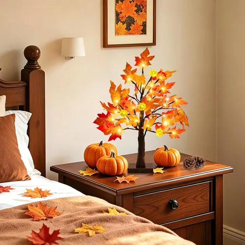 Vista 8 de Árbol de arce preiluminado de otoño con temporizador de luces de calabaza