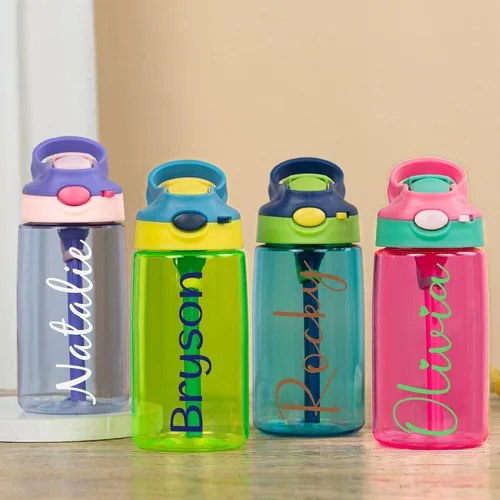 Vista 4 de Mostop Botellas de agua personalizadas para niños, botella de agua deportiva con nombre personalizado de 16 onzas con popote para niños, niñas
