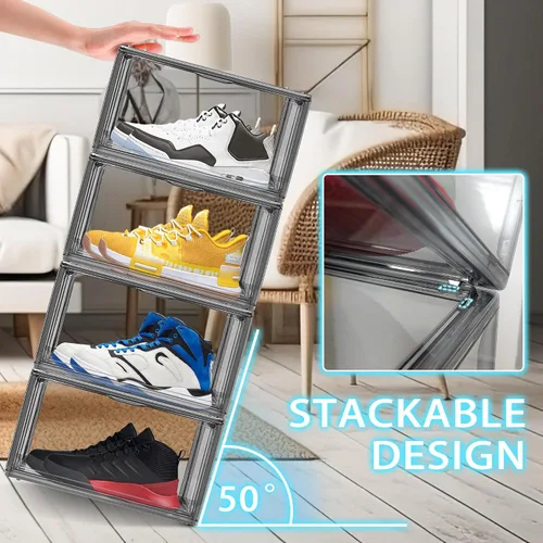 Vista 5 de Paquete de 2 cajas de zapatos de acrílico para armario, transparentes, apilables, tamaño 12 contenedores de almacenamiento de zapatos con tapas