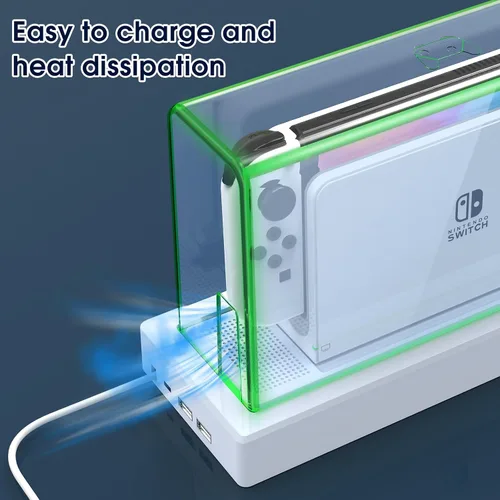 Vista 7 de Mooroer Dust Cover with 16 LED Colors Light Base for Nintendo SwitchOLED, Acrylic Clear Display Box Anti-Scratch Waterproof Slim Dock Case, Cool