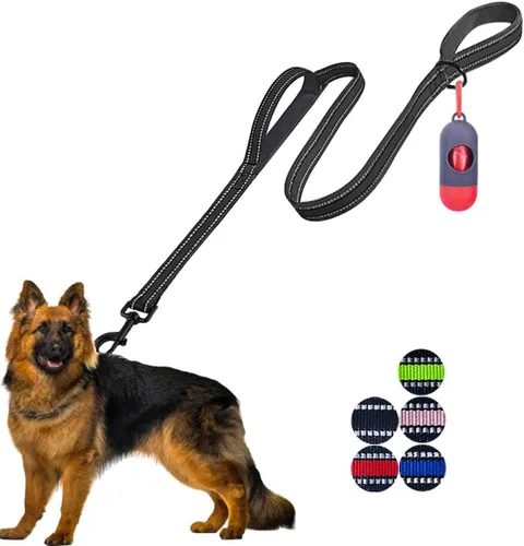 Vista 12 de JSXD Correa resistente de doble asa para perro, 5 pies, acolchada y reflectante, cuerda para perros pequeños a grandes (negro)
