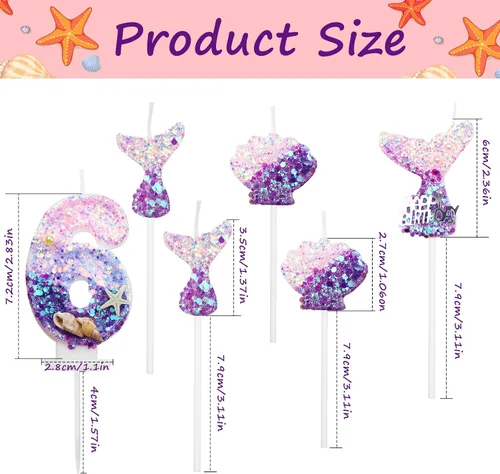Vista 2 de 6 velas de cumpleaños de 2.5 pulgadas con temática de sirena, 1 vela número 6, 3 velas de cola de sirena, 2 velas de concha para decoración
