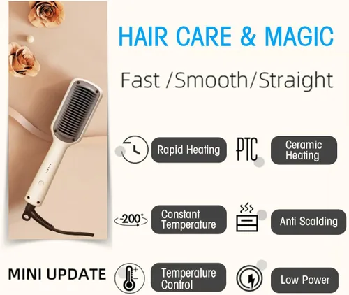 Vista 2 de Cepillo alisador de pelo, peine alisador de cabello, cepillo alisador de cabello, calentamiento rápido, cepillo alisador de 3 velocidades, alisador