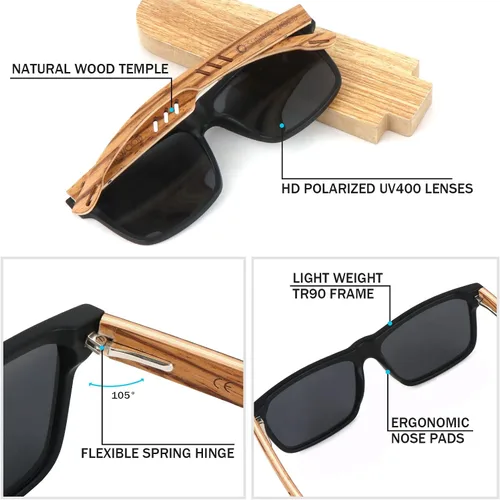 Vista 2 de Gafas de sol de madera para hombres y mujeres lentes polarizadas vintage protección UV gafas de sol de madera de bambú