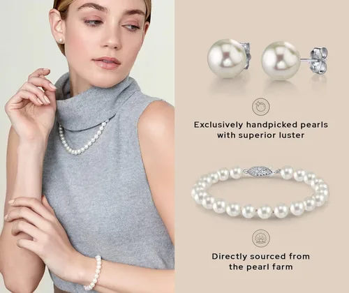Vista 4 de Juego de joyas de perlas de oro de 14 quilates para mujer, collar y aretes de perlas de agua dulce con pulsera de perlas Perlas cultivadas
