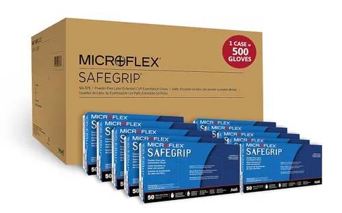Vista 2 de Ansell MICROFLEX SafeGrip SG-375 - Guantes de examen estándar, talla L, color azul (caja de 500) Blue, Size 9 (L), unisex thick latex exam gloves