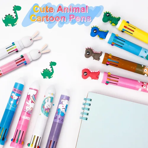 Vista 4 de 12 bolígrafos multicolores 10 en 1, bolígrafos retráctiles, lindos bolígrafos de dibujos animados de animales, suministros de trabajo, recuerdo