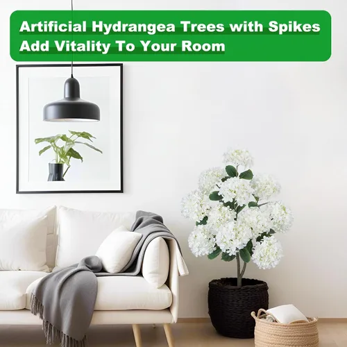 Vista 3 de GTIDEA Paquete de 2 hortensias artificiales de 3.5 pies para exteriores, árbol falso con espigas, arbustos de hortensias sintéticas, árbol de flores