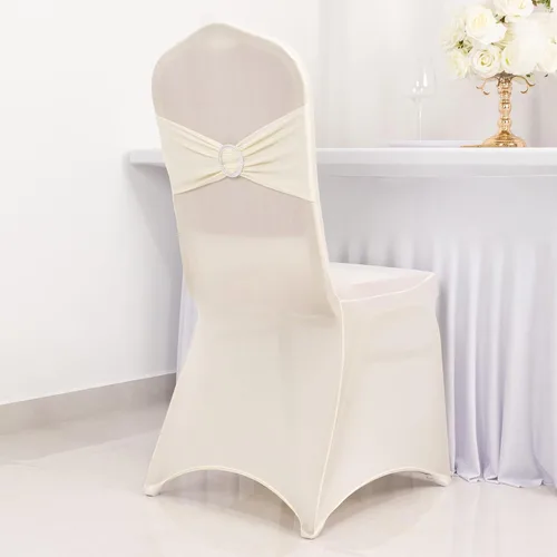 Vista 62 de Efavormart - Funda para silla de banquete de elastano beige con banda de hebilla de diamantes de imitación plateados, funda elástica para silla