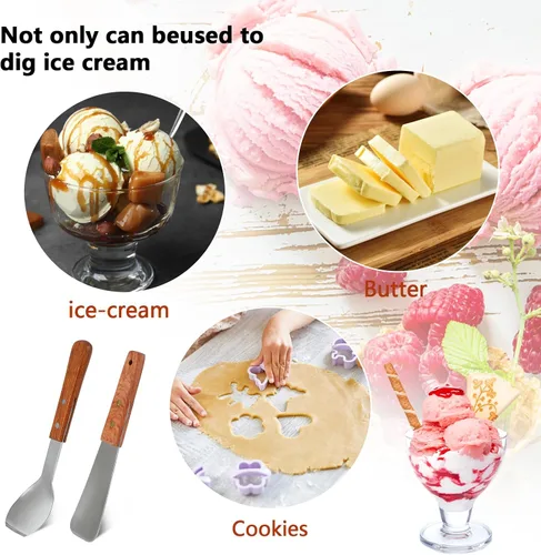 Vista 2 de Cuchara de helado de 2 piezas con mango de madera, pala de postre de acero inoxidable y cortador de mantequilla, herramienta esencial de cocina