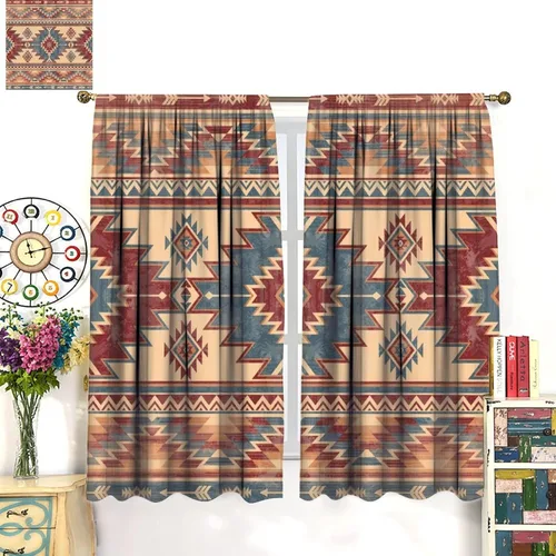 Vista 378 de Cortinas con patrón geométrico tribal, estilo suroeste, azteca, rústico, occidental, nativo americano, opacas, con bolsillo para barra, decoración