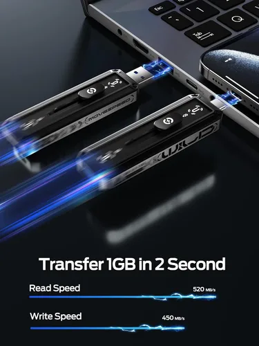 Vista 2 de MOVE SPEED Unidad USB 128GB SSD externo 520MB/s Velocidad de lectura, USB 3.2+USB C Dual Puertos Unidad Externa, SSD Portátil 3-Stage Push-Pull