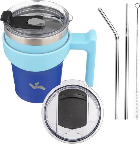 Vista 37 de Konokyo - Vaso de 10 onzas con asa y 2 popotes, 2 tapas, botella de agua aislada de acero inoxidable, taza de viaje reutilizable, color verde militar