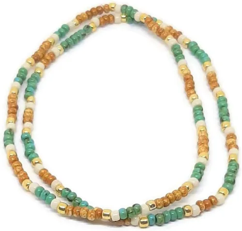 Vista 2 de 2-piece Picasso seed bead anklet set. 9 inch anklets made from picasso seed beads size 8/0. cream, tan, turquoise, with gold accents elastic cord