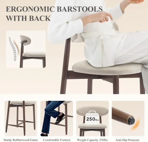 Vista 4 de COLAMY Taburetes de bar con respaldo, taburetes de bar de altura de mostrador, taburetes tapizados con patas de madera para cocina, isla de comedor