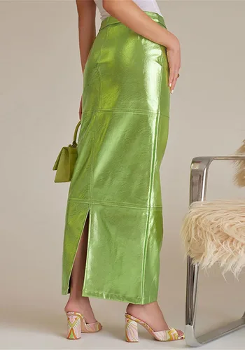 Vista 3 de YOOTIKO Falda de cuero metálica para mujer, cintura alta, entallada, casual, para trabajo, falda larga con abertura, elegante