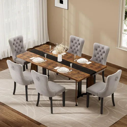 Vista 11 de Juego de mesa de comedor de 5 piezas con 4 sillas, mesa de comedor rectangular de madera de 71 pulgadas con sillas de comedor de terciopelo, tablero