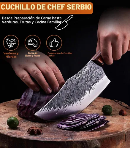Vista 4 de Naitesen 4 piezas de cuchillo de carnicero forjado a mano y cuchillo de cocina 2 en 1, juego de cuchillo de chef serbio resistente para carne