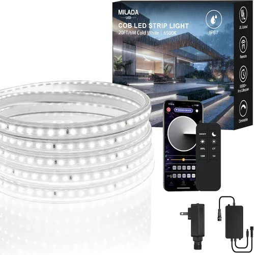 Vista 12 de Tira de luces LED COB de 20 pies para exteriores IP67 impermeable, 6M, CC flexible 24V, control remoto y aplicación, regulable, blanco cálido 3000