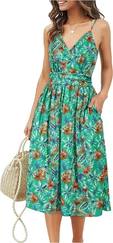 Vista 10 de Ouges Vestido corto de verano para mujer, con cuello en V, tirantes delgados, estampado floral y bolsillos, de fiesta